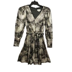 Calvin Klein Gold Glitter Sheath Snake Skin Pattern Dress Long Sleeve/Long Cuff